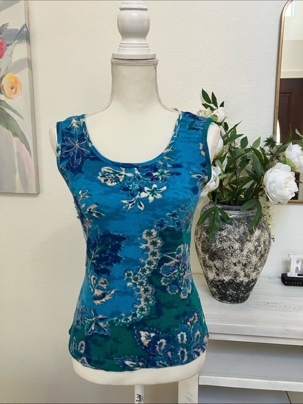 Y2k Victoria Jones Woman Blue Teal Floral Tank Top Size:S